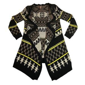 Ekklesia Open Front Knit Geometric Print Cardigan Size S/M Long Line Cozy Cotton